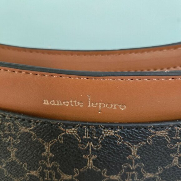 Nanette Lepore Logo Baguette Shoulder Bag Chocolate/Vachetta Vegan Leather - Picture 4 of 8